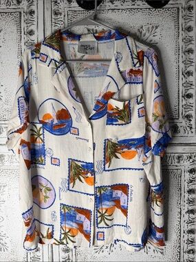 Paper Heart White Button-Down Shirt with Blue & Orange Tropical Print
